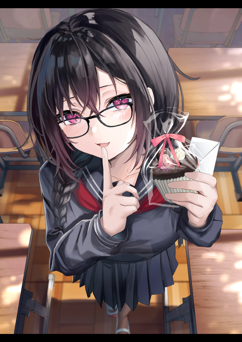 1girl absurdres bangs black_hair black_sailor_collar black_serafuku black_shirt black_skirt blush braid breasts chair classroom cupcake desk food fou_(ssqseeker) glasses highres large_breasts long_hair long_sleeves looking_at_viewer neckerchief open_mouth original parted_lips pleated_skirt red_neckerchief sailor_collar school_uniform serafuku shirt shoes skirt smile twin_braids uwabaki valentine violet_eyes