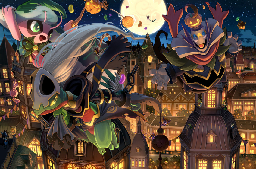 architecture building city cityscape clouds commentary_request costume dusknoir english_commentary flying ghost grovyle halloween halloween_costume highres jack-o'-lantern jigglypuff karamimame looking_at_viewer mixed-language_commentary moon night no_humans outdoors pokemon pumpkin rooftop scenery sceptile sky treecko