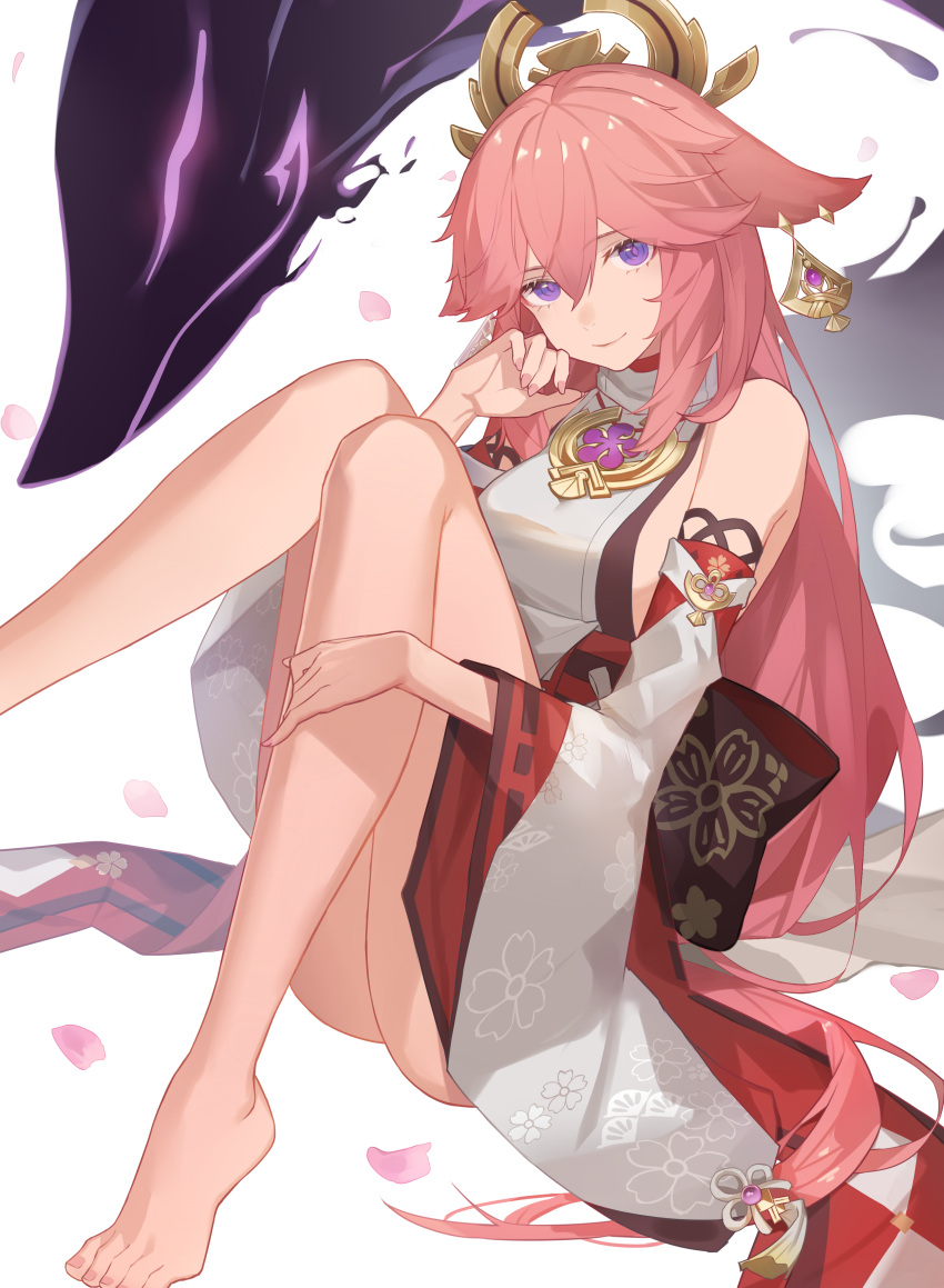 1girl absurdres after3310 animal_ears bangs bare_shoulders barefoot blush breasts detached_sleeves feet fox_ears genshin_impact hair_ornament highres japanese_clothes jewelry kimono large_breasts long_hair looking_at_viewer necklace pendant pink_hair red_skirt sidelocks skirt sleeveless sleeveless_kimono thighs very_long_hair violet_eyes white_kimono wide_sleeves yae_miko