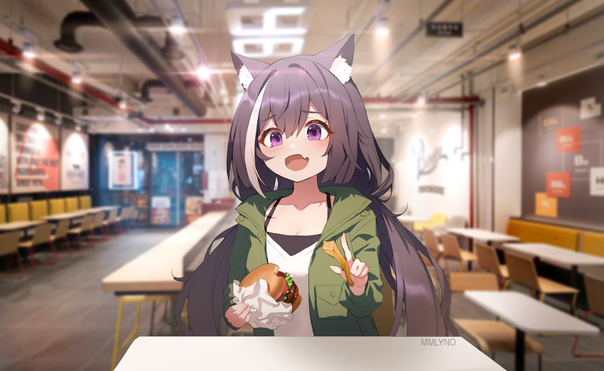 1girl animal_ear_fluff animal_ears artist_name black_hair burger cat_ears cat_girl collarbone commentary eyebrows_visible_through_hair fang food green_jacket highres holding holding_food jacket karyl_(princess_connect!) karyl_(real)_(princess_connect!) long_hair low_twintails multicolored_hair open_mouth osuti photo_background princess_connect! solo streaked_hair twintails violet_eyes white_hair