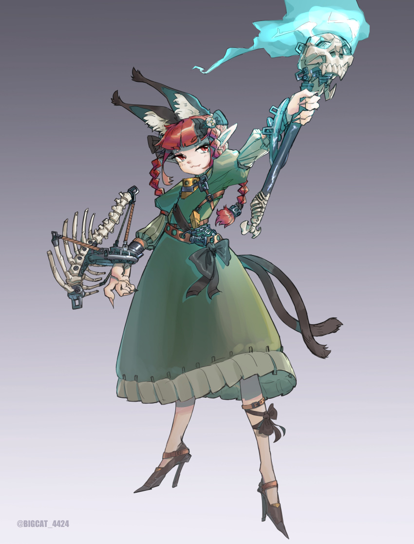 1girl :3 absurdres adapted_costume animal_ear_fluff animal_ears arm_up bangs bigcat_114514 black_bow black_ribbon blue_fire blunt_bangs bow braid cat_ears cat_tail closed_mouth crossbow dress extra_ears eyebrows_visible_through_hair fang fang_out fire flaming_skull full_body gradient gradient_background green_dress grey_background hair_bow highres holding holding_weapon juliet_sleeves kaenbyou_rin leg_ribbon legs_apart long_hair long_sleeves looking_to_the_side multiple_tails nekomata outstretched_arm pointy_ears puffy_sleeves red_eyes redhead ribbon simple_background solo standing tail touhou twin_braids twintails two_tails weapon