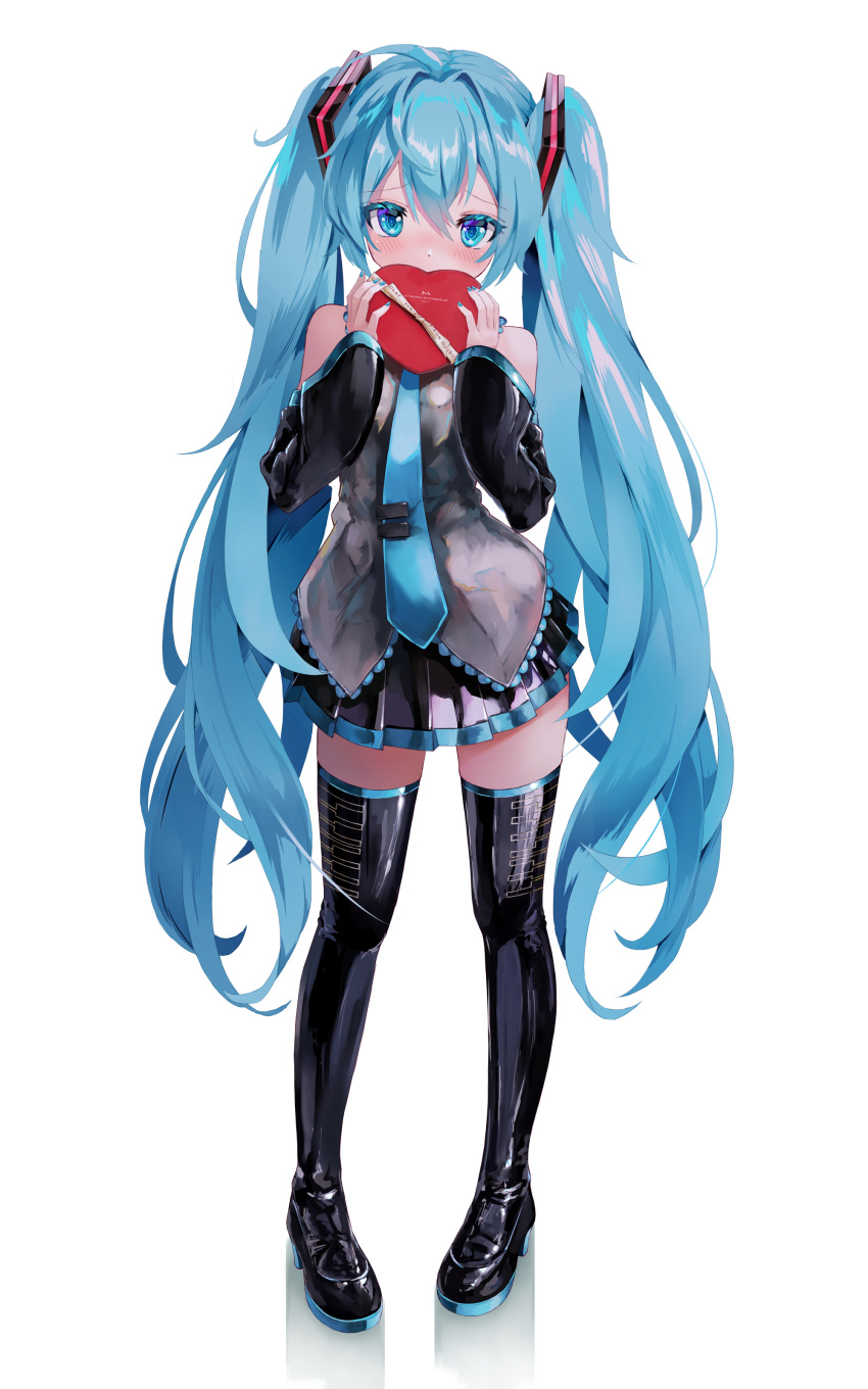 1girl absurdres bangs bare_shoulders black_footwear black_skirt blue_eyes blue_hair blue_necktie blush boots box box_of_chocolates commentary covering_mouth detached_sleeves eyebrows_visible_through_hair flipped_hair full_body gradient gradient_background grey_background grey_shirt hair_between_eyes hair_ornament hatsune_miku heart-shaped_box high_heel_boots high_heels highres lace-trimmed_shirt lace_trim long_hair long_sleeves looking_at_viewer miniskirt necktie neon_trim pleated_skirt revision shirt sidelocks simple_background skirt sleeveless solo standing takepon1123 thigh-highs thigh_boots twintails valentine very_long_hair vocaloid white_background zettai_ryouiki