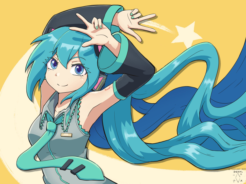 1girl absurdres aqua_eyes aqua_hair aqua_necktie armpits arms_up bare_shoulders black_sleeves blue_eyes commentary detached_sleeves digiral double_w floating_hair grey_shirt hair_ornament hatsune_miku headphones highres long_hair looking_at_viewer necktie shirt shoulder_tattoo sleeveless sleeveless_shirt smile solo star_(symbol) star_in_eye symbol_in_eye tattoo twintails upper_body very_long_hair vocaloid w yellow_background