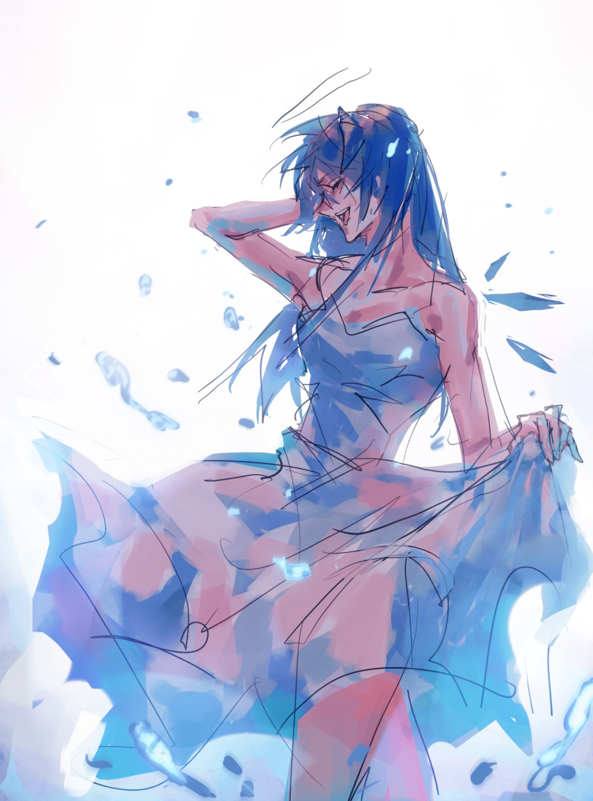 1girl arknights blue_eyes blue_hair demon_horns dress eyebrows_visible_through_hair fallen_angel halo highres hkeno horns mostima_(arknights) open_mouth simple_background sleeveless sleeveless_dress smile water white_dress