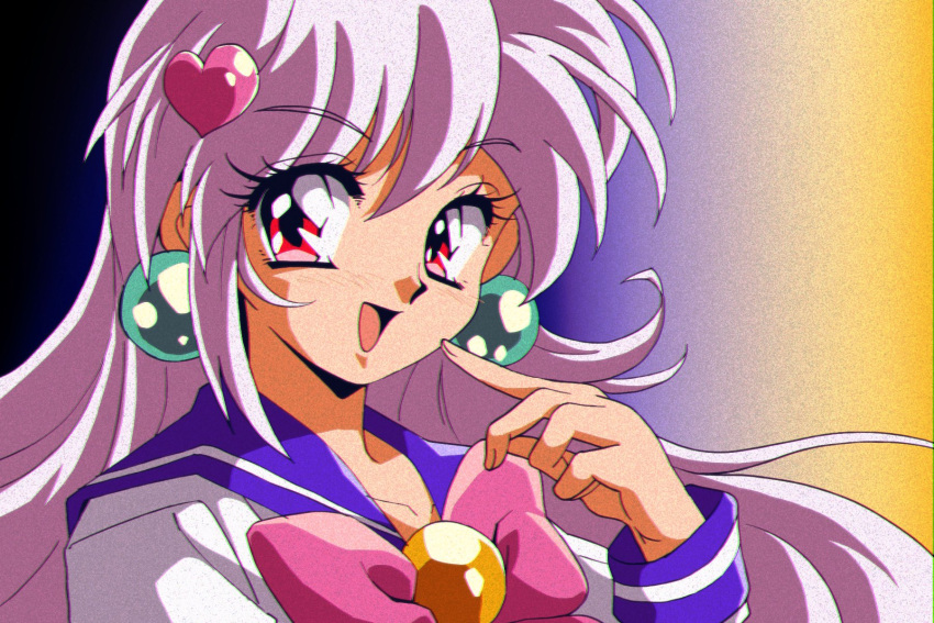1990s_(style) 1girl :d araizumi_rui_(style) bow collarbone earrings finger_to_cheek gradient gradient_background grey_hair hair_ornament heart heart_hair_ornament highres jewelry long_hair open_mouth original pink_bow potiri02 red_eyes retro_artstyle school_uniform serafuku smile solo