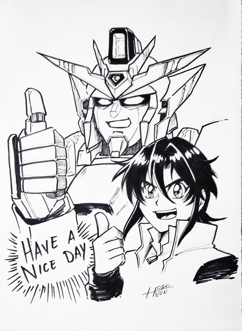 1boy after_war_gundam_x artist_name company_connection english_commentary english_text garrod_ran greyscale gundam gundam_x hair_behind_ear hair_between_eyes highres hoshinon ink_(medium) jacket mecha monochrome open_mouth parody solo_focus style_parody sunrise_(company) super_robot traditional_media v-fin white_background yuusha_series