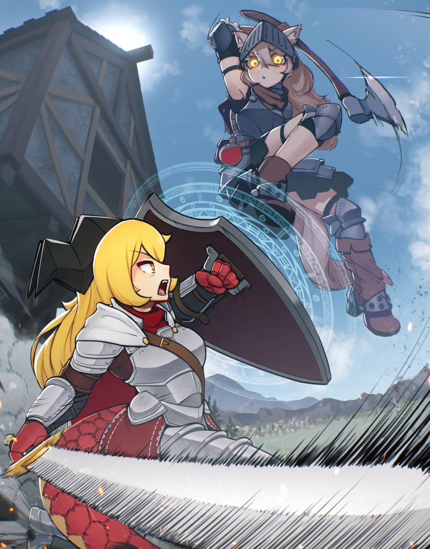 2girls animal_ears arm_up armor axe blonde_hair boots brown_eyes brown_footwear brown_hair cat_ears collaboration d-floe day eyebrows_visible_through_hair glowing glowing_eyes high_heel_boots high_heels highres holding holding_axe holding_shield holding_sword holding_weapon horns k-rha's long_hair looking_at_another multiple_girls open_mouth original outdoors shield sword teeth weapon yellow_eyes
