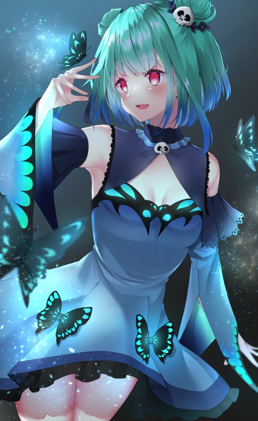 1girl blush bug butterfly dress earrings eyebrows_visible_through_hair fantasy green_hair hair_ornament highres hololive isana_(isn_kn) jewelry looking_at_viewer night open_mouth red_eyes short_hair skull_hair_ornament smile thigh-highs thighs uruha_rushia virtual_youtuber zettai_ryouiki