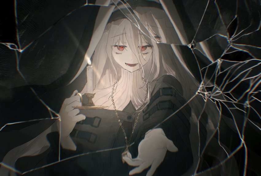 1girl arknights black_background black_dress broken_glass candle dress eyebrows_visible_through_hair glass glowing glowing_eyes highres holding holding_candle jewelry monv_ank nun open_mouth pale_skin red_eyes reflection shattered specter_(arknights) white_hair
