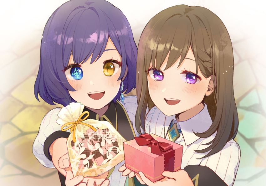 2girls :d bangs black_vest blue_eyes blue_hair blue_ribbon blush box braid brown_hair celia_arvier checkerboard_cookie collared_shirt collared_vest commentary cookie earrings eyebrows_behind_hair food french_braid gift gift_bag gift_box heterochromia highres holding holding_gift jewelry ki_(lumina) looking_at_viewer medium_hair michelle_bouquet multiple_girls neck_ribbon off_shoulder open_mouth puffy_short_sleeves puffy_sleeves ribbon shirt short_hair short_sleeves sidelocks smile standing striped striped_shirt symbol-shaped_pupils tales_of_(series) tales_of_luminaria teeth upper_body upper_teeth valentine vertical-striped_shirt vertical_stripes vest violet_eyes white_shirt yellow_eyes