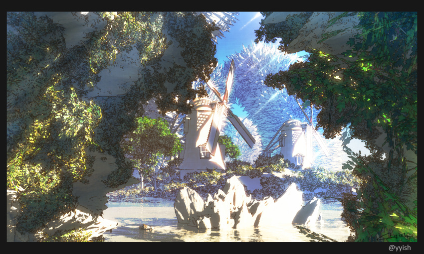 black_border border commentary_request day highres light_rays no_humans original outdoors rock scenery sunlight tree twitter_username waisshu_(sougyokyuu) water watermark windmill