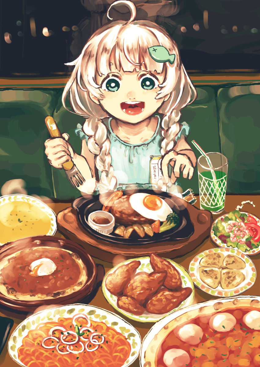 1girl aqua_dress aqua_eyes blurry blurry_background bokeh booth_seating braid broccoli child commentary cup depth_of_field dress drinking_glass egg fish_hair_ornament food fork fried_egg grey_hair hair_ornament highres holding holding_fork kizuna_akari long_hair meal melon_soda mitou119 night open_mouth pasta reflection restaurant saizeriya salad short_sleeves sitting smile solo soup steak steam table tomato twin_braids vocaloid voiceroid window younger