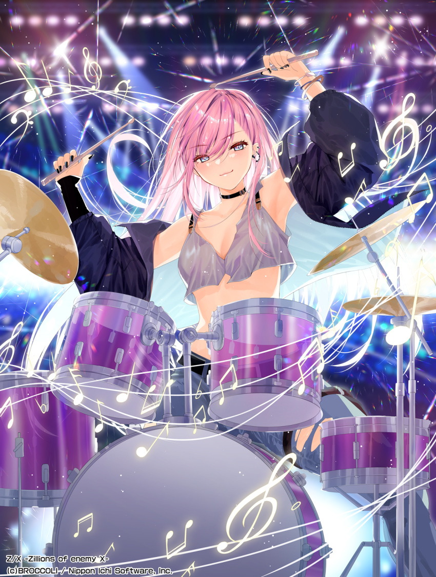 1girl belt blue_eyes choker copyright_name crop_top cymbals denim drum drum_set drumsticks eyebrows_visible_through_hair frederica_(z/x) highres instrument jacket jeans midriff musical_note obiwan open_clothes open_jacket pants pink_hair smile solo spotlight stage stage_lights torn_clothes torn_legwear z/x