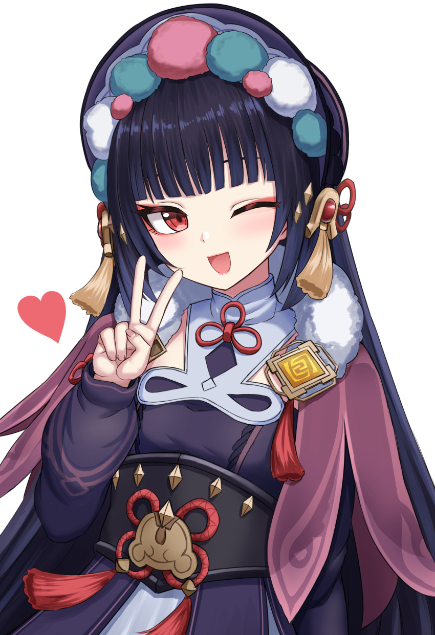 1girl ;d absurdres bangs black_hair blunt_bangs breasts commentary_request eyebrows_behind_hair genshin_impact hair_ornament hand_up hat heart highres light_blush lips long_hair looking_at_viewer one_eye_closed open_mouth red_eyes sidelocks simple_background small_breasts smile solo standing upper_body v white_background yakob_labo yun_jin_(genshin_impact)