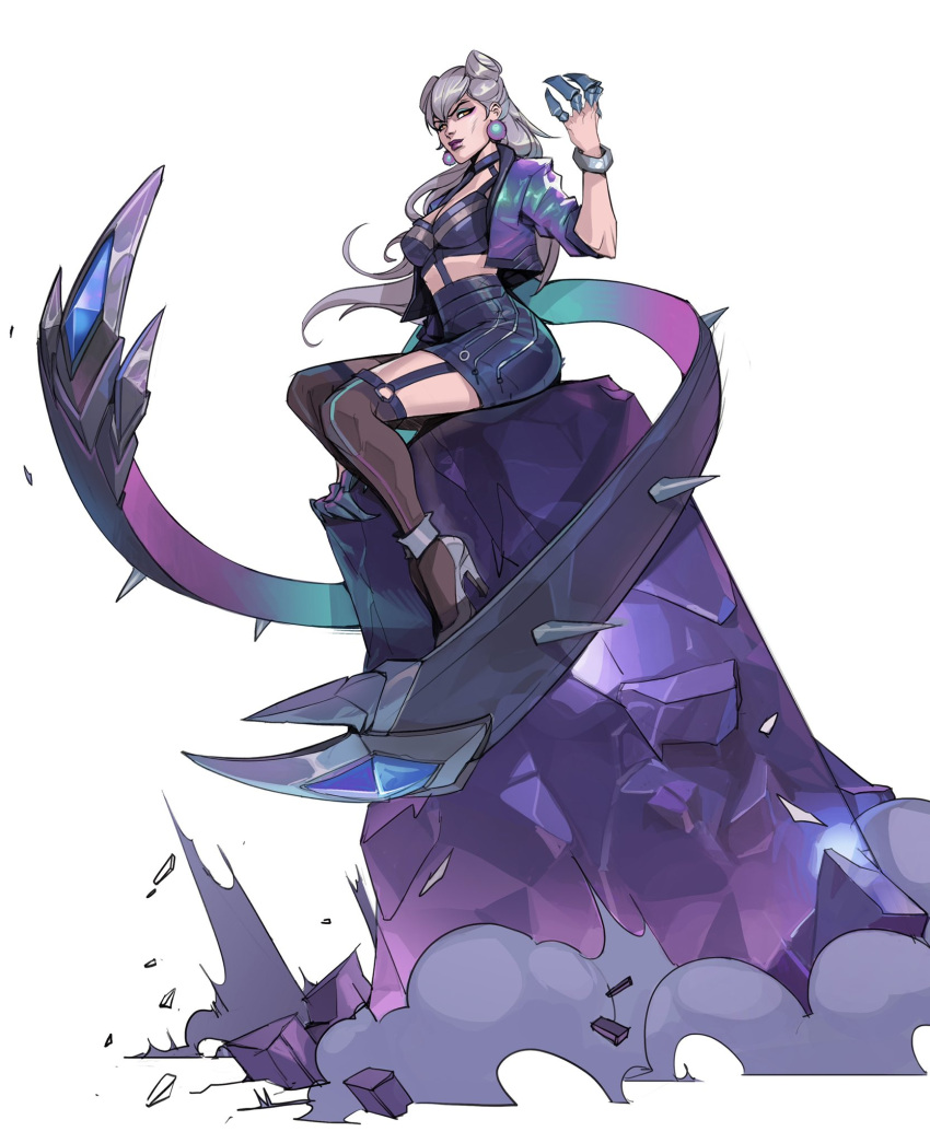 1girl bangs black_legwear black_skirt claws earrings evelynn_(league_of_legends) garter_straps grey_background grey_hair hair_cones hicham_habchi high_heels highres jacket jewelry k/da_(league_of_legends) k/da_evelynn league_of_legends long_hair looking_at_viewer o-ring open_clothes open_jacket over-kneehighs pink_jacket purple_lips rock simple_background sitting skirt solo spikes thigh-highs