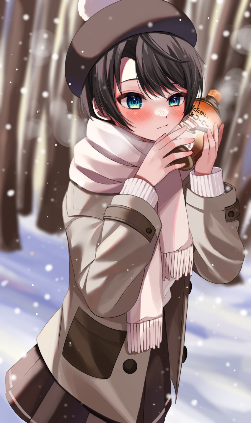 1girl bangs blue_eyes blush bottle bottle_to_cheek brown_hair brown_headwear brown_jacket brown_skirt closed_mouth commentary_request hat highres holding holding_bottle hololive jacket layered_sleeves long_sleeves looking_away moonbell oozora_subaru open_clothes open_jacket outdoors pink_scarf pleated_skirt scarf short_hair skirt solo sweater translated translation_request virtual_youtuber white_sweater