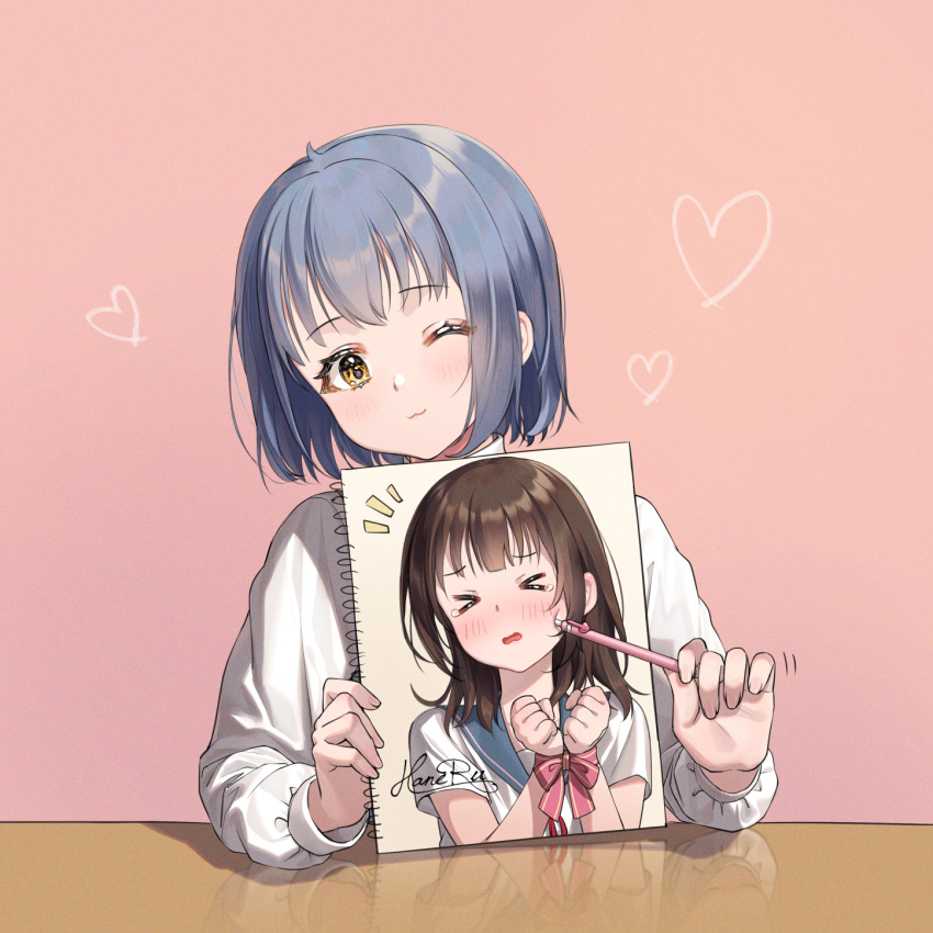 &gt;_&lt; 2girls ;3 bangs blue_hair blue_sailor_collar blush bound bound_wrists brown_hair closed_eyes closed_mouth commentary_request eyebrows_visible_through_hair haneru haru_(haneru) heart highres himitsu_no_jugyou holding holding_pencil long_sleeves mi-chan_(tokinohimitsu) multiple_girls notepad notice_lines one_eye_closed open_mouth pencil pink_background sailor_collar school_uniform serafuku shirt short_sleeves signature simple_background tears wavy_mouth white_shirt yellow_eyes yuri
