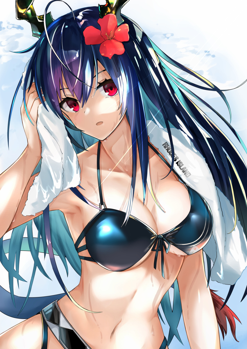 1girl akasabi arknights bangs bikini blue_bikini blue_hair breasts ch'en_(arknights) ch'en_the_holungday_(arknights) collarbone commentary_request dragon_horns flower hair_flower hair_ornament hand_up hibiscus highres horns large_breasts long_hair looking_at_viewer navel parted_lips partial_commentary red_eyes red_flower solo stomach swimsuit towel upper_body