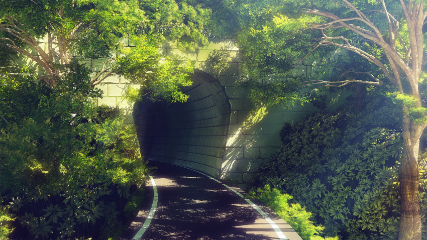 bush commentary_request dappled_sunlight day highres no_humans original outdoors road scenery sunlight tree tunnel waisshu_(sougyokyuu)