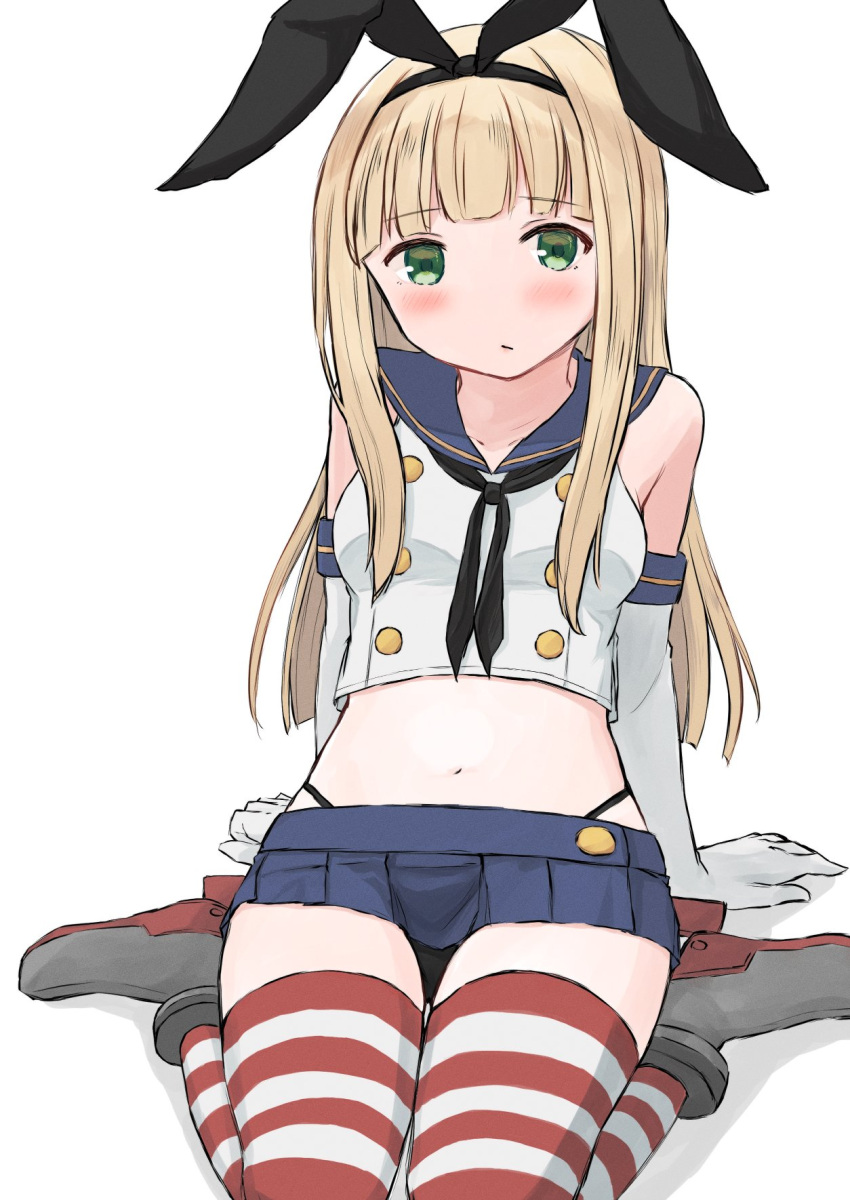 1girl bangs black_neckerchief black_panties blonde_hair blue_sailor_collar blue_skirt blunt_bangs blush breasts commentary cosplay elbow_gloves eyebrows_visible_through_hair gloves green_eyes highleg highleg_panties highres kantai_collection long_hair looking_at_viewer miniskirt neckerchief panties poipoi_purin rudder_footwear sailor_collar shimakaze_(kancolle) shimakaze_(kancolle)_(cosplay) simple_background sitting skirt sleeveless small_breasts solo striped striped_legwear thigh-highs underwear white_background white_gloves yuudachi_(kancolle)
