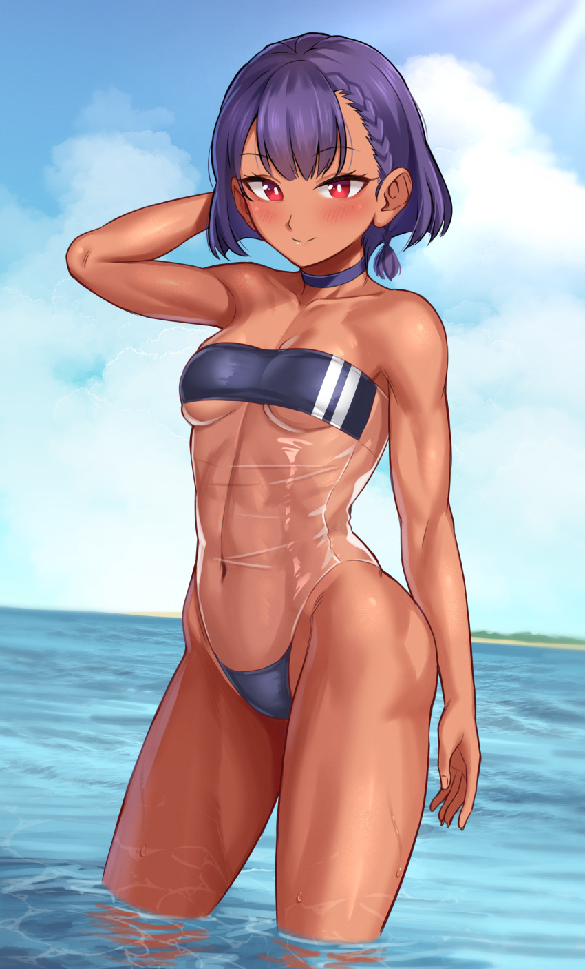 1girl absurdres arm_behind_head arm_up bangs blunt_ends blush bob_cut braid breasts casual_one-piece_swimsuit caustics choker collarbone contrapposto covered_navel dark-skinned_female dark_skin day english_commentary eyebrows_visible_through_hair gris_swimsuit hair_behind_ear highleg highleg_swimsuit highres hip_bones horizon looking_at_viewer meme_attire navel ocean one-piece_swimsuit original outdoors purple_hair red_eyes see-through short_hair side_braid small_breasts smile solo standing strapless strapless_swimsuit sunlight swimsuit toin_(koto54576897) under_boob wading water wet