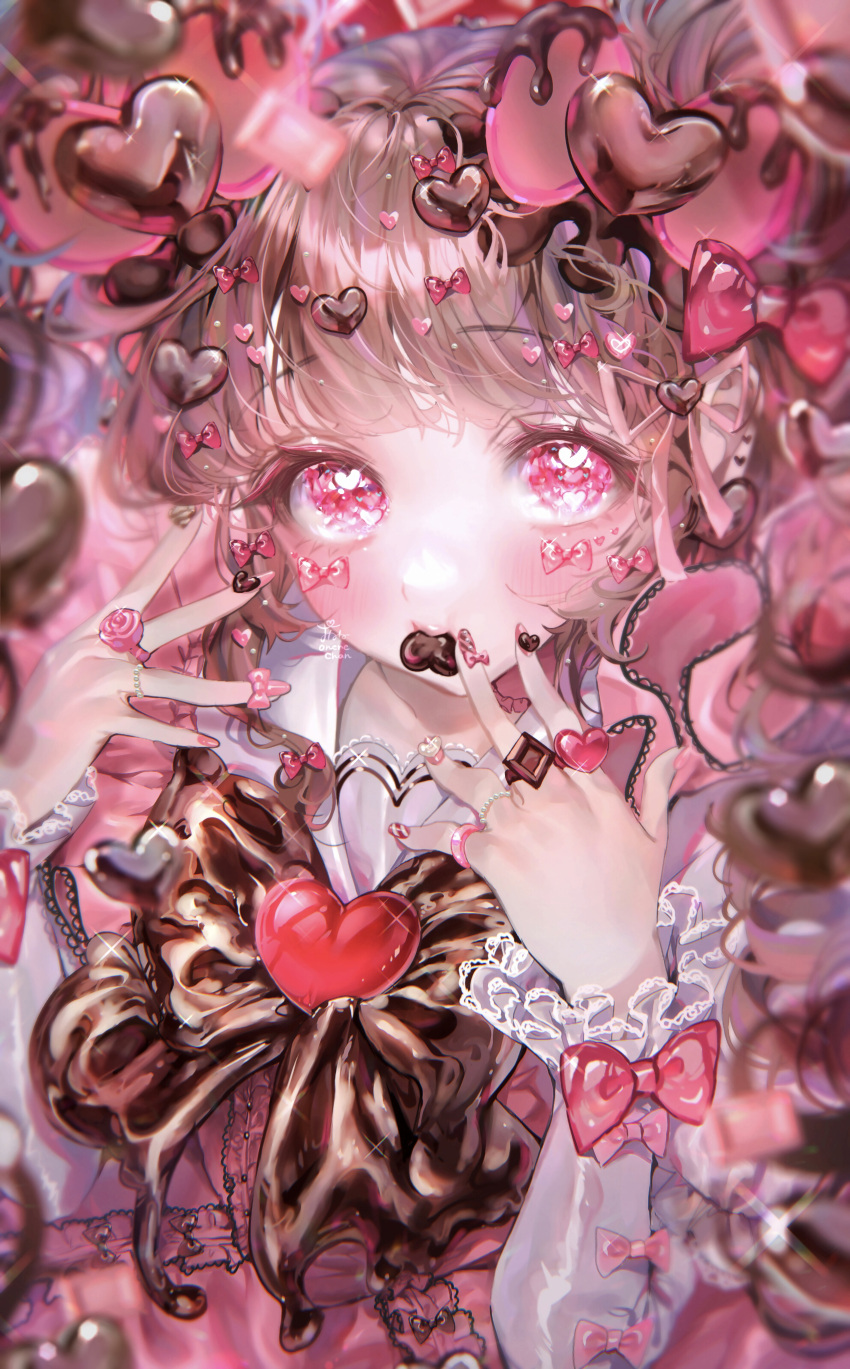 1girl absurdres artist_name bangs blush bow bowtie brown_bow brown_bowtie brown_hair candy chocolate choker closed_mouth collared_dress dress eating english_commentary eyebrows_visible_through_hair fingernails flower food hair_bow hair_ornament hands_up heart heart-shaped_pupils heart_hair_ornament heart_in_eye highres jewelry long_fingernails long_hair long_sleeves looking_to_the_side onenechan original pink_bow pink_choker pink_dress pink_eyes pink_flower pink_nails pink_rose red_bow ring rose signature solo symbol-shaped_pupils symbol_in_eye twintails upper_body valentine white_dress
