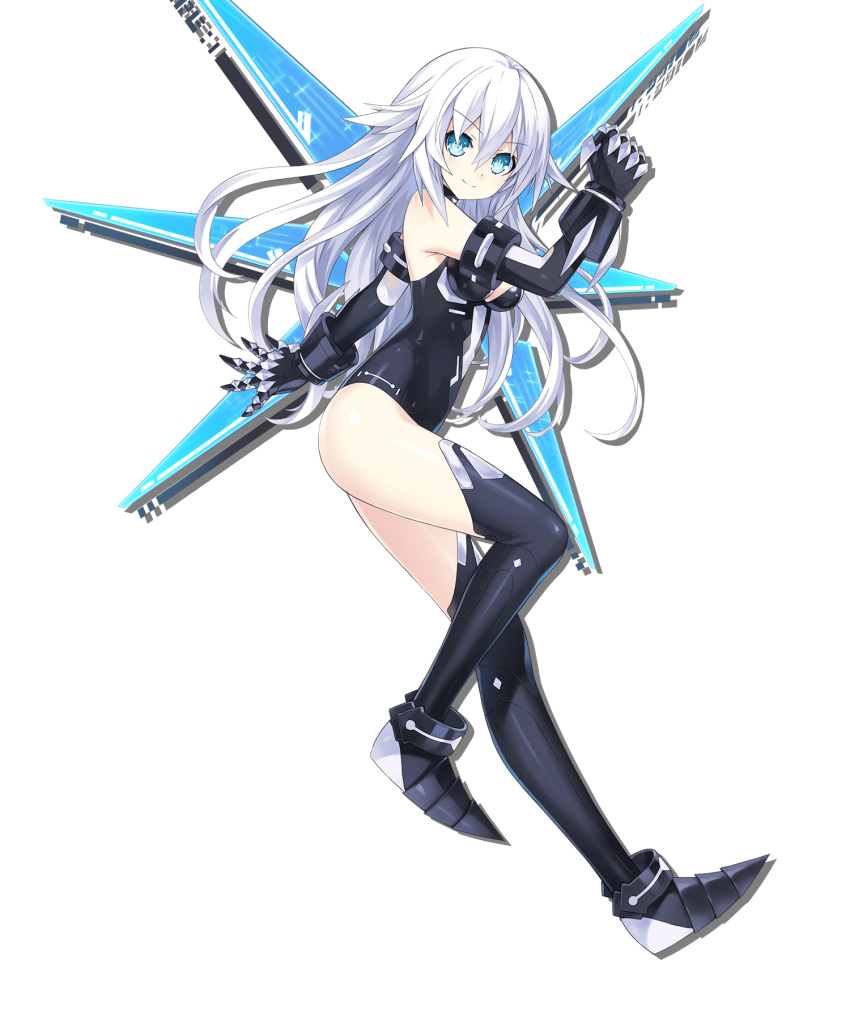 &gt;:) 1girl armor armored_boots bangs bare_shoulders black_choker black_footwear black_gloves black_heart black_leotard blue_eyes blue_wings boots breasts choker choujigen_game_neptune_sisters_vs_sisters clenched_hand closed_mouth detached_wings elbow_gloves floating_hair from_side full_body gauntlets gloves hair_between_eyes hand_up highres leg_up leotard long_hair looking_at_viewer looking_to_the_side medium_breasts neptune_(series) official_art power_symbol skin_tight smile solo standing standing_on_one_leg symbol-shaped_pupils thigh-highs thigh_boots transparent_background v-shaped_eyebrows very_long_hair white_hair wings