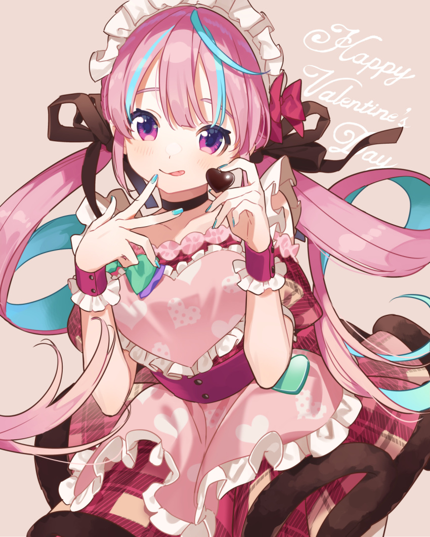 1girl :q apron bangs black_choker blue_hair blue_nails booota bow brown_background candy chocolate choker closed_mouth collarbone commentary_request dress eyebrows_behind_hair food frilled_apron frills fur-trimmed_dress fur_trim hair_bow hands_up happy_valentine heart heart-shaped_chocolate highres holding holding_food hololive licking_lips long_hair maid_headdress minato_aqua multicolored_hair nail_polish pink_apron pink_hair plaid plaid_dress pleated_dress puffy_short_sleeves puffy_sleeves red_bow red_dress short_sleeves simple_background smile solo streaked_hair tongue tongue_out twintails two-tone_hair valentine very_long_hair violet_eyes virtual_youtuber wrist_cuffs