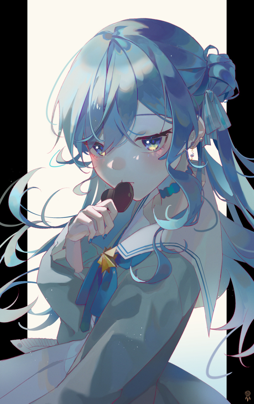 1girl absurdres bangs blue_eyes blue_hair blue_nails blue_neckerchief blush candy chocolate choker commentary_request earrings fingernails food hair_ribbon heart heart-shaped_chocolate highres holding holding_chocolate holding_food hololive hoshimachi_suisei jewelry julia8857 looking_at_viewer nail_polish neckerchief ribbon sailor_collar solo star_(symbol) star_brooch star_in_eye symbol_in_eye valentine virtual_youtuber white_sailor_collar