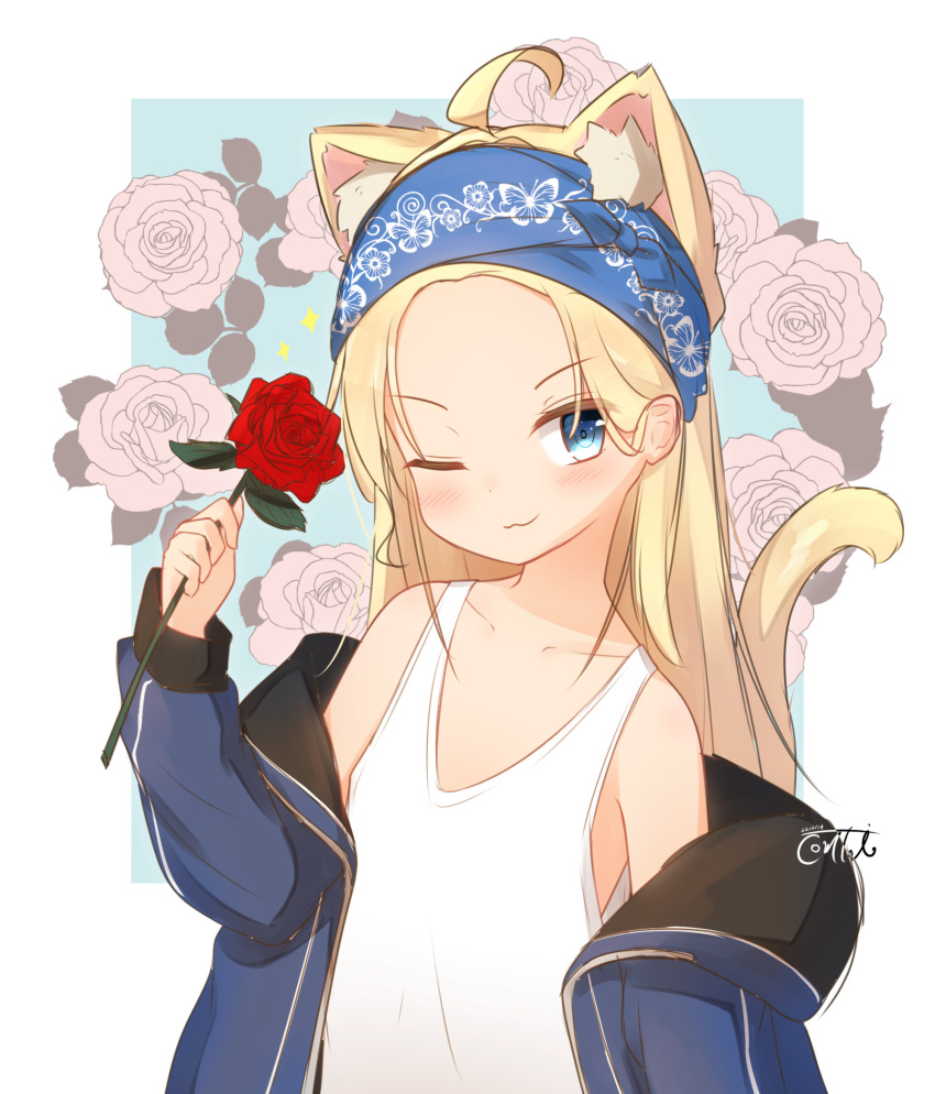 1girl ;) ahoge animal_ear_fluff animal_ears bare_shoulders blonde_hair blue_background blue_eyes blue_jacket blush cat_ears cat_girl cat_tail closed_mouth collarbone commentary_request coreytaiyo floral_background flower forehead highres holding holding_flower jacket long_hair long_sleeves looking_at_viewer off_shoulder one_eye_closed open_clothes open_jacket original puffy_long_sleeves puffy_sleeves red_flower red_rose rose sleeves_past_wrists smile solo sparkle tail tail_raised tank_top two-tone_background upper_body valentine white_background white_tank_top