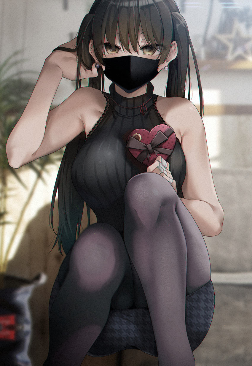 1girl adjusting_hair arm_up bandaged_fingers bandages black_hair black_legwear black_mask black_sweater blurry blurry_background box breasts brown_eyes earrings eyebrows_visible_through_hair gift hair_between_eyes heart-shaped_box highres holding holding_box holding_gift jewelry large_breasts legs long_hair looking_at_viewer mask mouth_mask original pantyhose ryouma_(galley) skirt sleeveless sleeveless_sweater solo squatting sweater two_side_up valentine