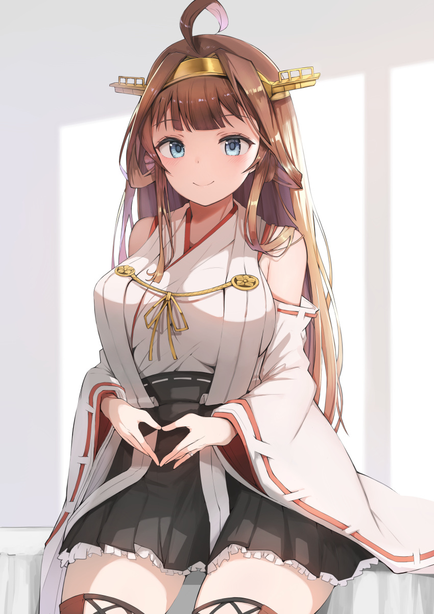 1girl absurdres ahoge bare_shoulders black_skirt blue_eyes blush breasts brown_hair closed_mouth cowboy_shot detached_sleeves double_bun eyebrows_visible_through_hair hairband headgear highres japanese_clothes jewelry kantai_collection kongou_(kancolle) kongou_kai_ni_(kancolle) large_breasts long_hair nontraditional_miko pleated_skirt ribbon-trimmed_sleeves ribbon_trim ring skirt smile solo wedding_band wide_sleeves yuzuruka_(bougainvillea)