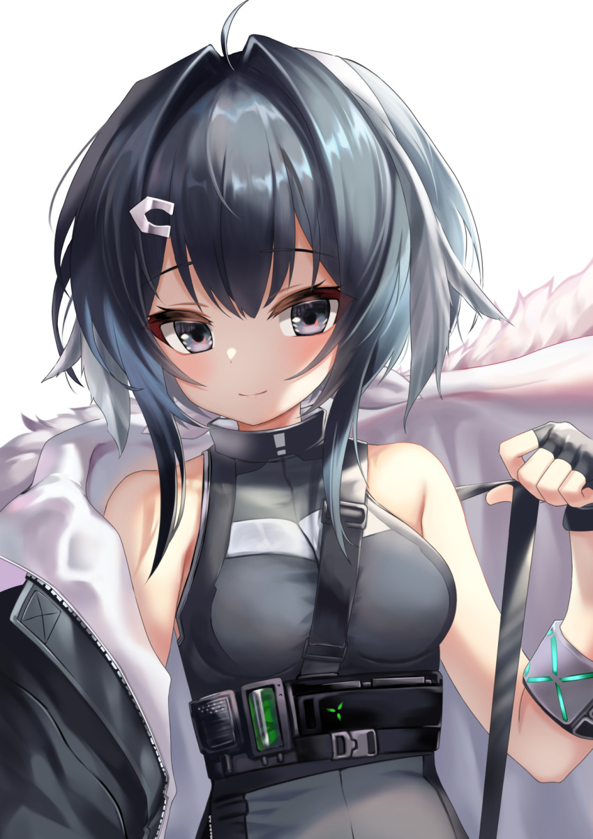 1girl ahoge arknights bangs bare_shoulders between_breasts black_eyes black_gloves black_hair blush bracelet breasts closed_mouth coat coat_removed ehart eyebrows_visible_through_hair feather_hair fingerless_gloves fur-trimmed_coat fur_trim gloves hair_intakes hair_ornament hairclip highres infection_monitor_(arknights) jewelry la_pluma_(arknights) looking_at_viewer medium_breasts short_hair_with_long_locks sidelocks simple_background small_breasts smile solo underbust upper_body white_background white_coat