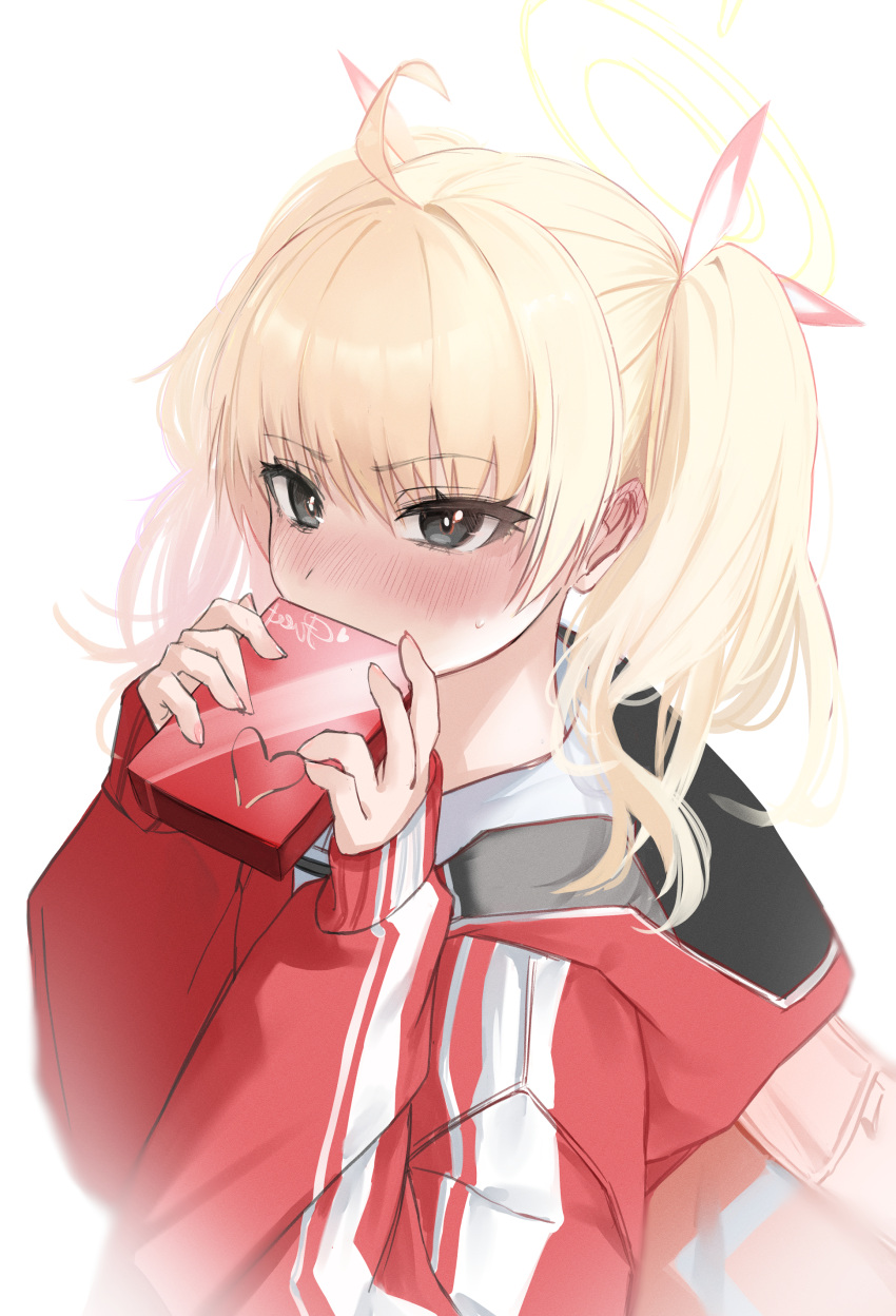 1girl absurdres ahoge bangs blonde_hair bloom blue_archive blush box box_of_chocolates eyebrows_visible_through_hair grey_eyes hair_ribbon halo hands_up highres holding holding_box hood hooded_jacket jacket looking_at_viewer mookie_(e_mook9) red_bag red_jacket ribbon simple_background sleeves_past_wrists solo track_jacket twintails upper_body valentine white_background white_ribbon yoshimi_(blue_archive)