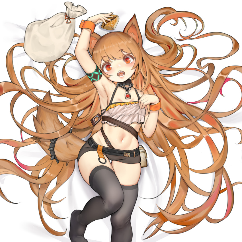 1girl absurdres animal_ears arknights arm_up armband armpits bag bangs bare_arms bare_shoulders black_choker black_legwear black_shorts blush brown_hair camisole ceobe_(arknights) choker crop_top dog_ears dog_tail eyebrows_visible_through_hair food head_tilt highres infection_monitor_(arknights) kuroshiroemaki long_hair looking_at_viewer micro_shorts midriff navel no_shoes open_mouth pouch red_eyes shorts solo stomach tail thigh-highs thighs very_long_hair younger