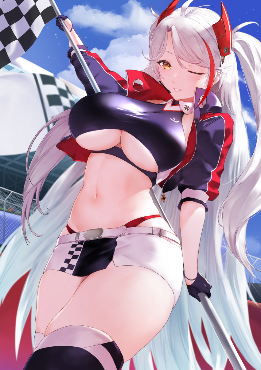 1girl absurdres azur_lane bangs black_gloves black_jacket black_legwear blush breasts checkered_flag commentary_request flag gloves highres holding holding_flag jacket large_breasts long_hair looking_at_viewer microskirt multicolored_hair navel nenma official_alternate_costume one_eye_closed outdoors panties parted_lips prinz_eugen_(azur_lane) prinz_eugen_(final_lap)_(azur_lane) racequeen red_panties redhead silver_hair skirt sky smile solo streaked_hair thigh-highs thighs two_side_up under_boob underwear yellow_eyes