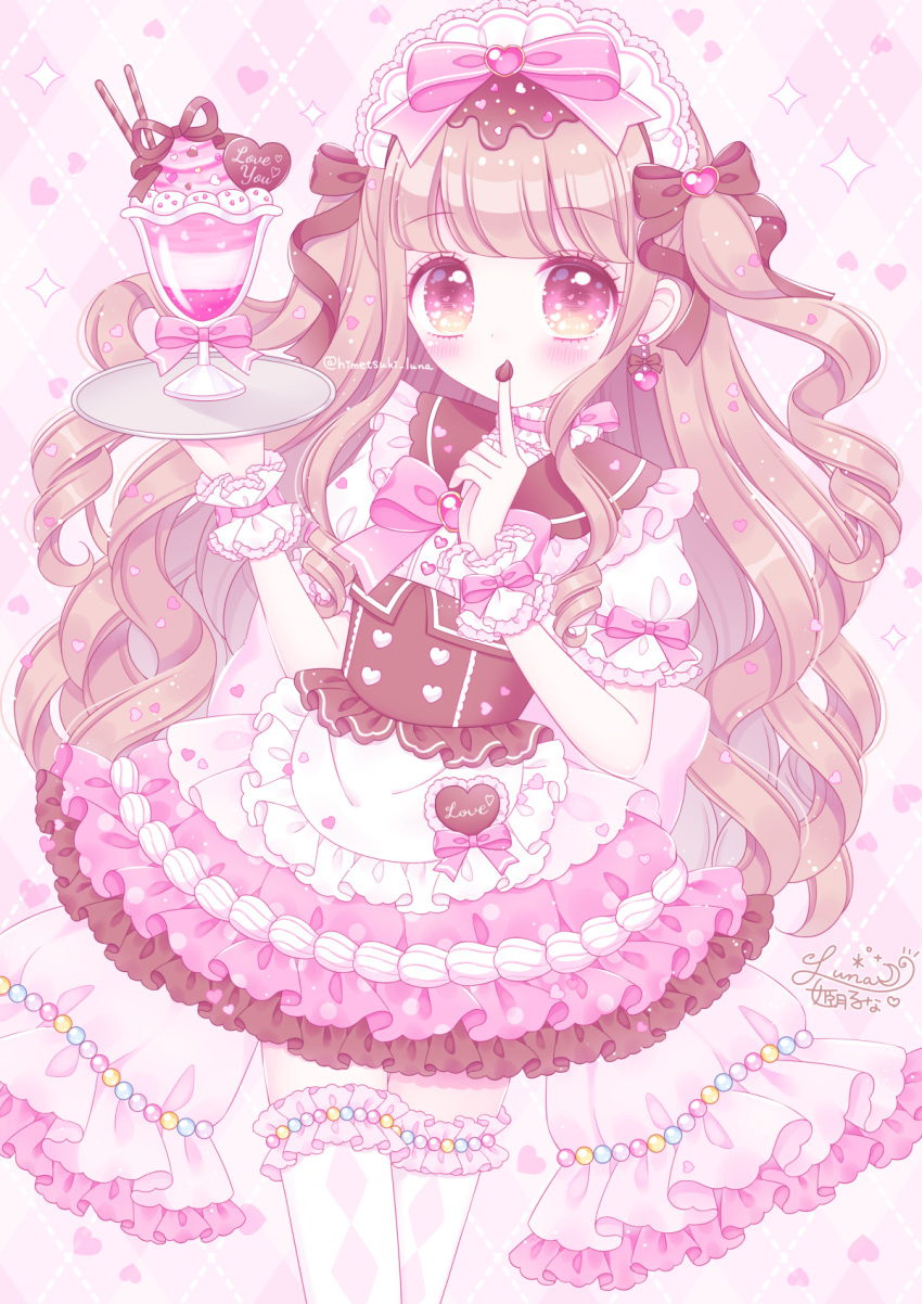 1girl apron argyle argyle_legwear bangs blush bow brown_hair commentary_request eyebrows_visible_through_hair food_on_hand frilled_apron frilled_legwear frills heart heart_background highres himetsuki_luna holding holding_tray long_hair looking_at_viewer original parfait pink_bow pink_eyes pink_skirt plaid plaid_background puffy_short_sleeves puffy_sleeves ringlets shirt short_sleeves signature skirt solo sparkle thigh-highs tray twitter_username two_side_up very_long_hair waist_apron white_apron white_legwear white_shirt wrist_cuffs