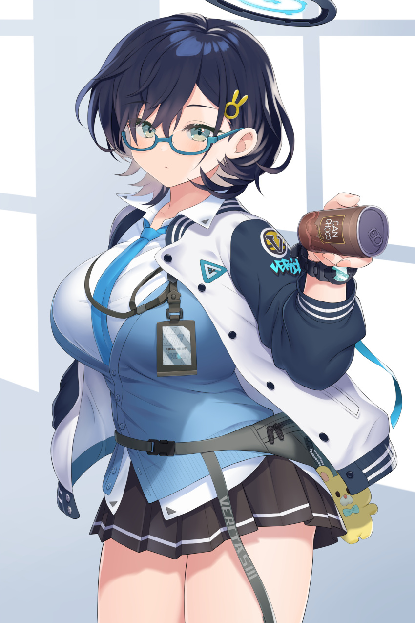 1girl absurdres asamura_hiori bangs black_hair blue-framed_eyewear blue_archive blue_cardigan blue_necktie breasts bunny_hair_ornament cardigan chihiro_(blue_archive) cowboy_shot fanny_pack green_eyes hair_ornament highres id_card jacket large_breasts looking_at_viewer multicolored_clothes multicolored_jacket necktie open_collar pleated_skirt semi-rimless_eyewear shirt shoes skirt sneakers solo swept_bangs two-tone_jacket under-rim_eyewear valentine white_shirt