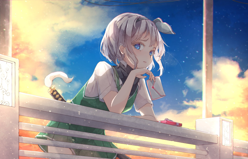 1girl bangs black_scarf blue_eyes blue_sky blush box breasts chiroru_(cheese-roll) closed_mouth clouds cloudy_sky collared_shirt commentary_request dress green_dress grey_hair grey_hairband grey_ribbon hairband hand_up heart highres katana konpaku_youmu looking_at_viewer love_letter medium_breasts pink_heart ribbon scarf shirt short_hair short_sleeves sky solo standing sword touhou weapon white_shirt