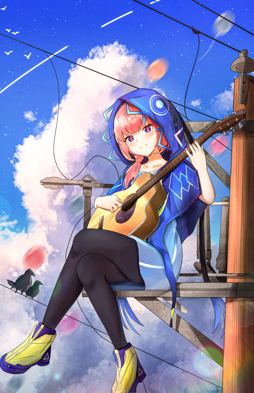 1girl balloon bangs bird black_legwear blue_capelet blue_eyes blue_shirt blue_sky blunt_bangs blush capelet closed_mouth collarbone commentary_request crow day full_body guitar highres holding holding_instrument hood hood_up hooded_capelet humany instrument kaf_(kamitsubaki_studio) kamitsubaki_studio light_smile looking_away medium_hair multicolored_eyes multicolored_footwear outdoors pink_hair power_lines purple_footwear red_pupils shirt sitting sky solo utility_pole virtual_youtuber yellow_footwear yellow_pupils
