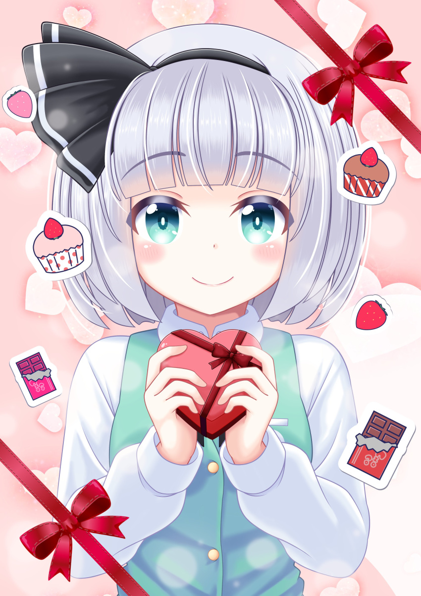 1girl absurdres bangs berry black_hairband blush bow box breasts buttons chocolate closed_mouth collared_shirt commentary_request cupcake dress eyebrows_visible_through_hair eyes_visible_through_hair food fruit green_dress green_eyes grey_hair hairband hands_up heart highres konpaku_youmu long_sleeves looking_at_viewer medium_breasts pink_background pink_heart puffy_long_sleeves puffy_sleeves red_bow reimei_(r758120518) shirt short_hair smile solo strawberry touhou white_shirt