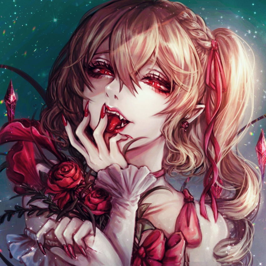 1girl alternate_costume bare_shoulders blonde_hair blue_background bouquet braid bright_pupils christmas crystal dress drill_hair eyelashes flandre_scarlet flower french_braid frills hair_between_eyes hair_ribbon hand_up highres kyogoku-uru licking licking_finger light_particles looking_at_viewer nail_polish no_hat no_headwear nose nostrils off-shoulder_dress off_shoulder one_side_up red_eyes red_flower red_nails red_ribbon red_rose ribbon rose simple_background solo teeth tongue tongue_out touhou upper_body white_pupils wings wrist_cuffs