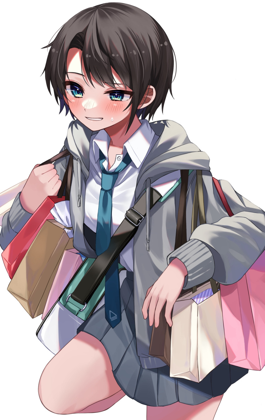1girl bag bangs blue_eyes blue_necktie blush brown_hair collared_shirt commentary_request drawstring eyebrows_visible_through_hair grey_jacket highres hololive hood hooded_jacket jacket long_sleeves moonbell necktie oozora_subaru open_clothes open_jacket pleated_skirt shirt short_hair shoulder_bag simple_background skirt solo standing standing_on_one_leg sweatdrop virtual_youtuber white_background white_shirt