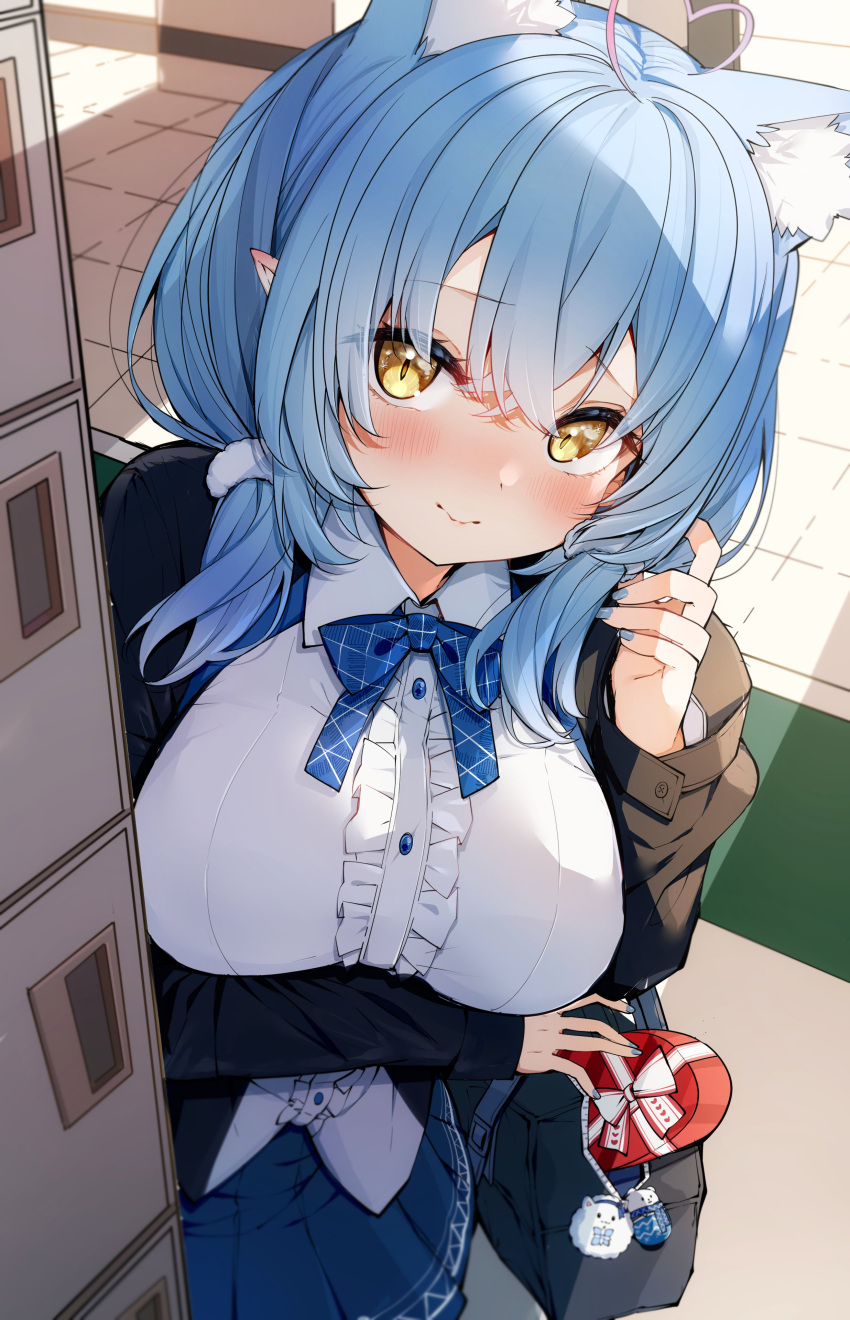 1girl absurdres ahoge animal_ear_fluff animal_ears bag bangs black_jacket blue_bow blue_bowtie blue_hair blue_nails blue_skirt blush bow bowtie box breasts cat_ears center_frills closed_mouth collared_shirt commentary darjeeling_(reley) eyebrows_visible_through_hair frilled_shirt frills gift gift_box hand_up heart-shaped_box heart_ahoge highres hololive indoors jacket large_breasts long_hair long_sleeves looking_at_viewer nail_polish open_clothes open_jacket pleated_skirt pointy_ears shirt shoulder_bag skirt smile solo standing symbol-only_commentary virtual_youtuber yellow_eyes yukihana_lamy