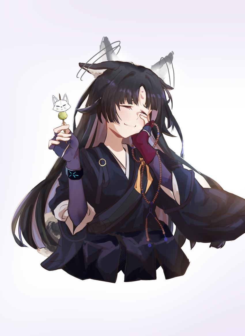 1girl absurdres animal_ears arknights bangs beads black_hair black_kimono blush closed_eyes commentary cropped_torso dog_ears eyebrows_visible_through_hair facial_mark fingerless_gloves food forehead_mark gloves gradient gradient_background hand_on_own_cheek hand_on_own_face hands_up highres holding holding_food infection_monitor_(arknights) japanese_clothes kimono long_hair long_sleeves prayer_beads purple_background saga_(arknights) smile solo upper_body white_background yukikitsune_kuutachibana