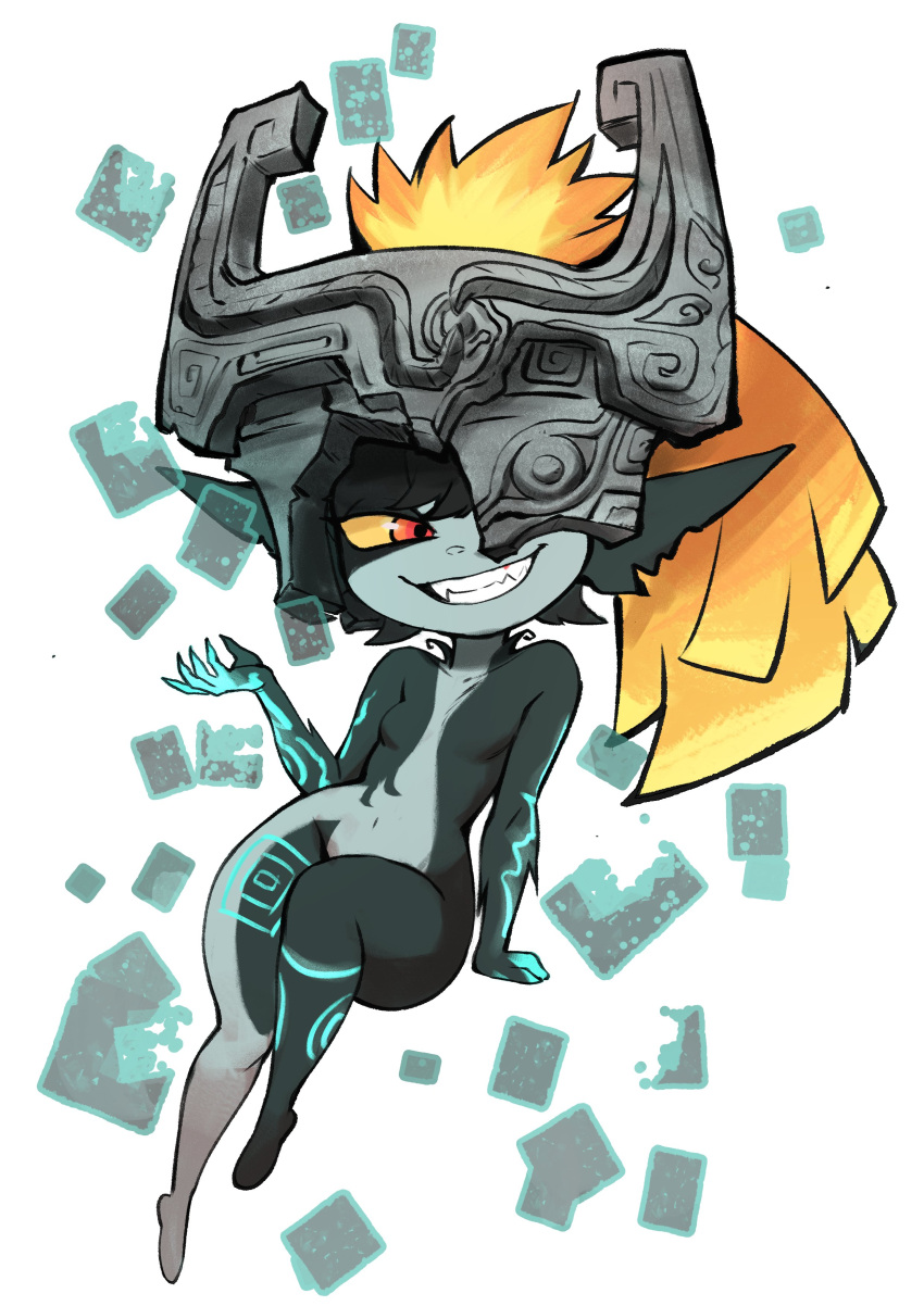 1girl absurdres arm_support blonde_hair breasts collarbone colo_(nagrolaz) colored_sclera colored_skin commentary full_body grey_skin grin hair_between_eyes hand_up helmet highres invisible_chair long_hair looking_ahead midna navel neon_trim one_eye_covered open_mouth pointy_ears red_eyes sharp_teeth simple_background sitting skin_tight small_breasts smile solo teeth the_legend_of_zelda the_legend_of_zelda:_twilight_princess white_background wide_hips yellow_sclera