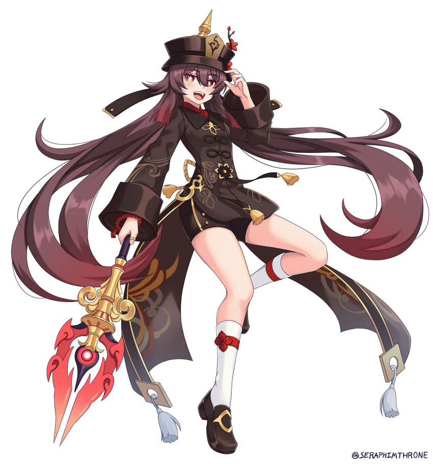 1girl :d artist_name bangs brown_footwear brown_hair brown_shorts chinese_clothes full_body genshin_impact highres holding holding_polearm holding_weapon hu_tao_(genshin_impact) jewelry long_hair looking_at_viewer open_mouth polearm red_eyes ring seraphim_throne shorts simple_background smile solo spear twintails weapon white_background white_legwear