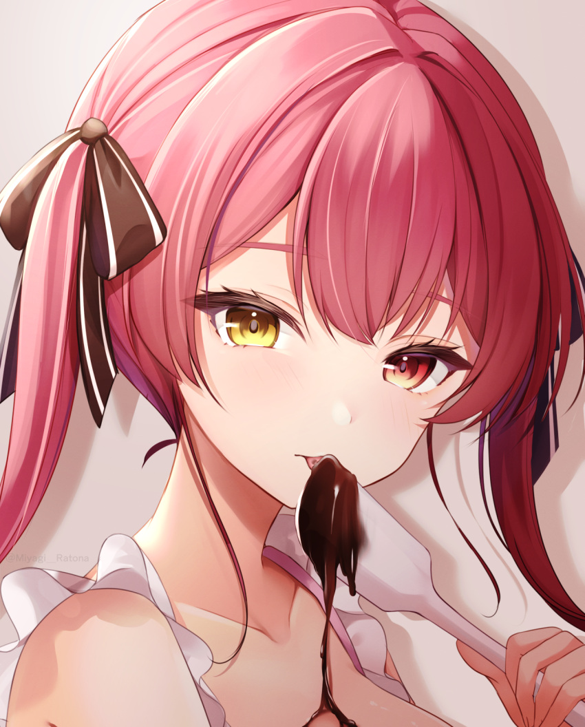 1girl bangs brown_ribbon chocolate commentary_request eating food_on_body hair_ribbon heterochromia highres holding holding_spatula hololive houshou_marine long_hair looking_at_viewer miyagi_ratona portrait red_eyes redhead ribbon simple_background solo spatula tongue tongue_out twintails twitter_username virtual_youtuber yellow_eyes