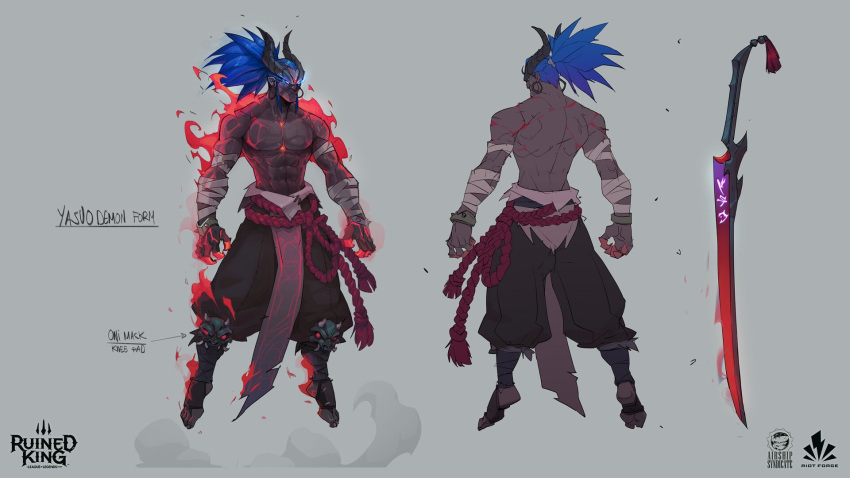 1boy abs bandaged_arm bandages black_skin blue_eyes blue_hair brown_pants character_name collarbone colored_skin copyright_name earrings english_commentary english_text fire from_behind full_body glowing glowing_eyes hicham_habchi highres horns jewelry league_of_legends male_focus multiple_views navel pants ruined_king:_a_league_of_legends_story short_pointy_ears sword toeless_footwear topless_male weapon yasuo_(league_of_legends)