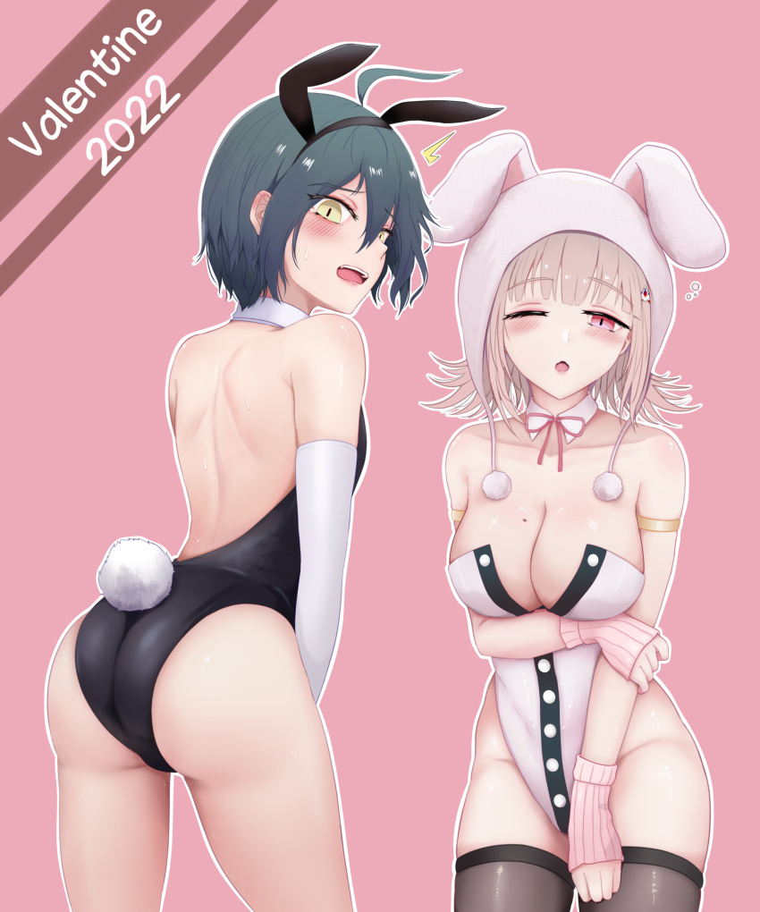 1boy 1girl 2022 :o absurdres animal_ears animal_hood ass bangs bare_legs bare_shoulders black_leotard blush breasts brown_gloves brown_legwear bunny_hood commentary crossdressing danganronpa_(series) danganronpa_2:_goodbye_despair danganronpa_v3:_killing_harmony detached_collar detached_sleeves fake_animal_ears fake_tail from_behind galaga gloves gon_(congchuabuoito) groin hair_ornament highres hood large_breasts leotard looking_at_viewer looking_back nanami_chiaki neck_ribbon official_alternate_costume one_eye_closed otoko_no_ko outline pink_background pink_ribbon playboy_bunny rabbit_ears ribbon saihara_shuuichi skindentation sleepy tail thigh-highs two-tone_leotard valentine white_leotard white_outline white_sleeves